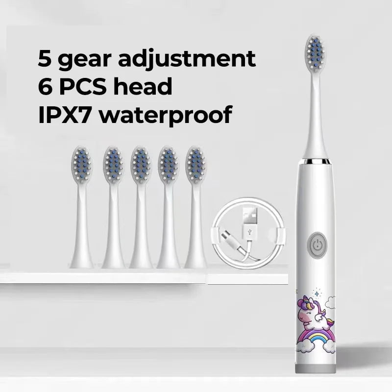 Storazone White 6 Head Children Sonic Electric Toothbrush Colorful Cartoon For Kids Rechargeable Soft Fur Automatic Waterproof With Replacement Head