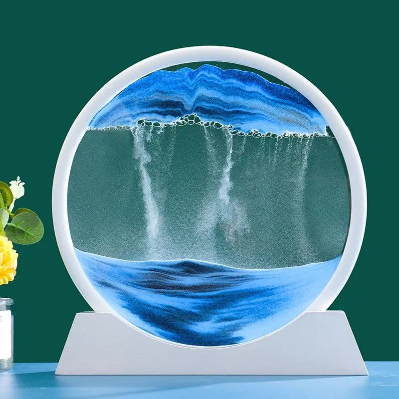 Storazone White Base-Blue / 12 inch 3D Moving Sand Art Picture Round Glass Deep Sea Sandscape Hourglass Quicksand Craft Flowing Sand Painting Office Home Decor Gift