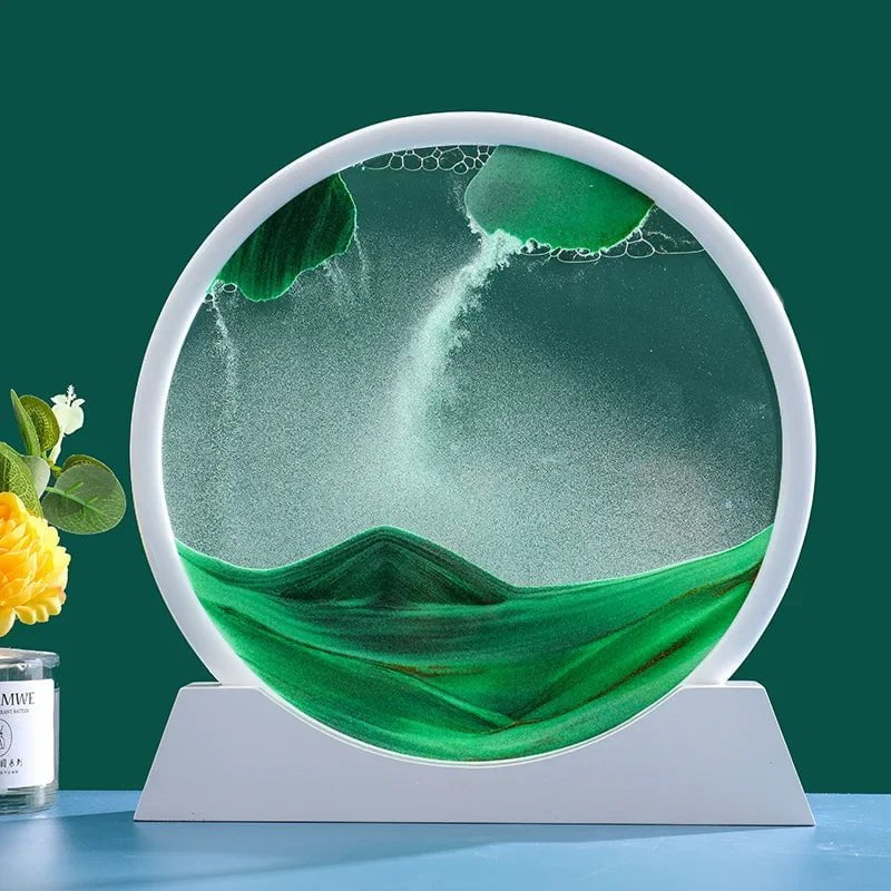 Storazone White Base-Green / 12 inch 3D Moving Sand Art Picture Round Glass Deep Sea Sandscape Hourglass Quicksand Craft Flowing Sand Painting Office Home Decor Gift