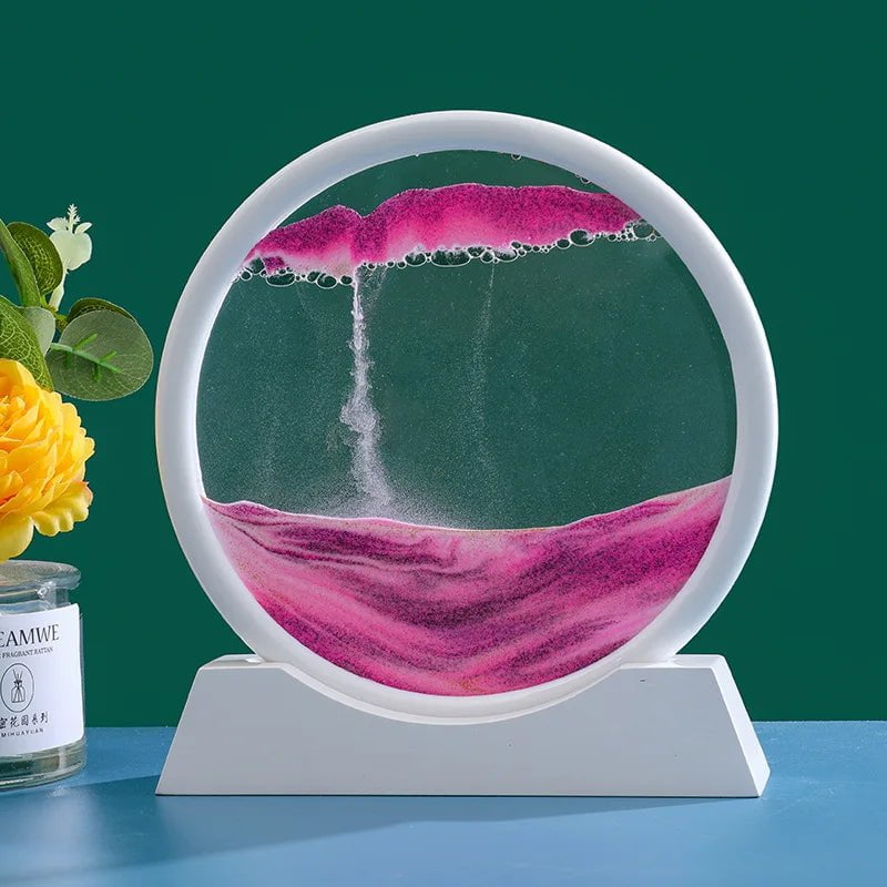 Storazone White Base-Pink / 5 inch 3D Moving Sand Art Picture Round Glass Deep Sea Sandscape Hourglass Quicksand Craft Flowing Painting Office Home Decor Gift