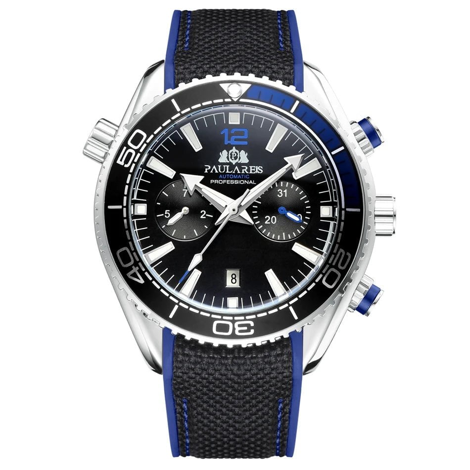 Storazone White Blue Black Men Automatic Self Wind Mechanical Canvas Rubber Strap Orange Blue Red Multifunction Date Month Watch