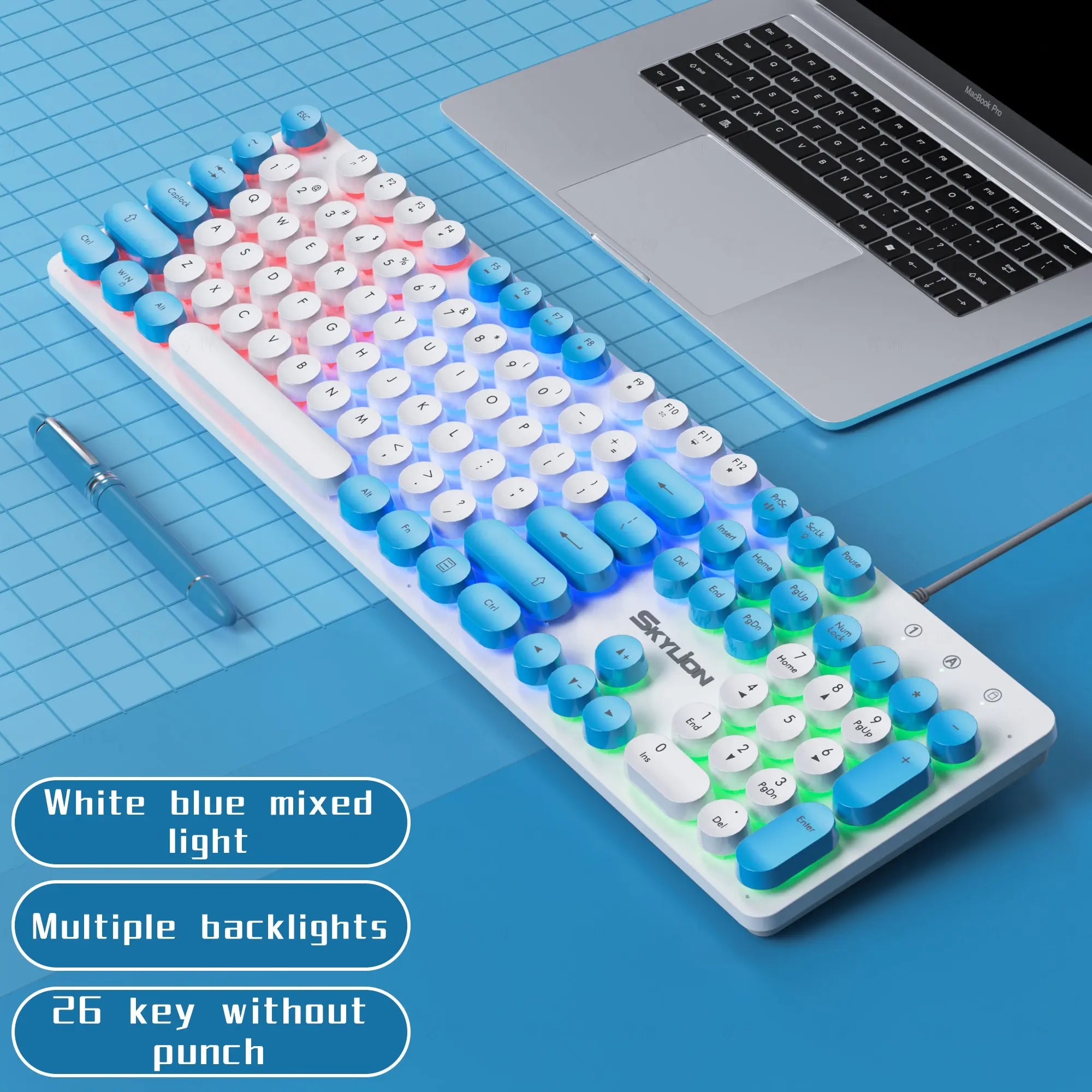 Storazone white-blue SKYLION H300 Wired 104 Keys Membrane Keyboard Many Kinds of Colorful Lighting Gaming and Office For Windows and IOS System