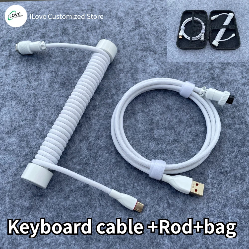 Storazone white cable rod / 1.8m Coiled Keyboard Cable USB C for Mechanical Gaming Keyboard Double-Sleeved Wire with Detachable Metal Aviator Connector Charging