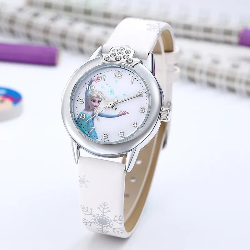 Storazone white Elsa Watch Girls Elsa Princess Kids Watches Leather Strap Cute Children's Cartoon Wristwatches Gifts for Kids Girl Frozen Clock