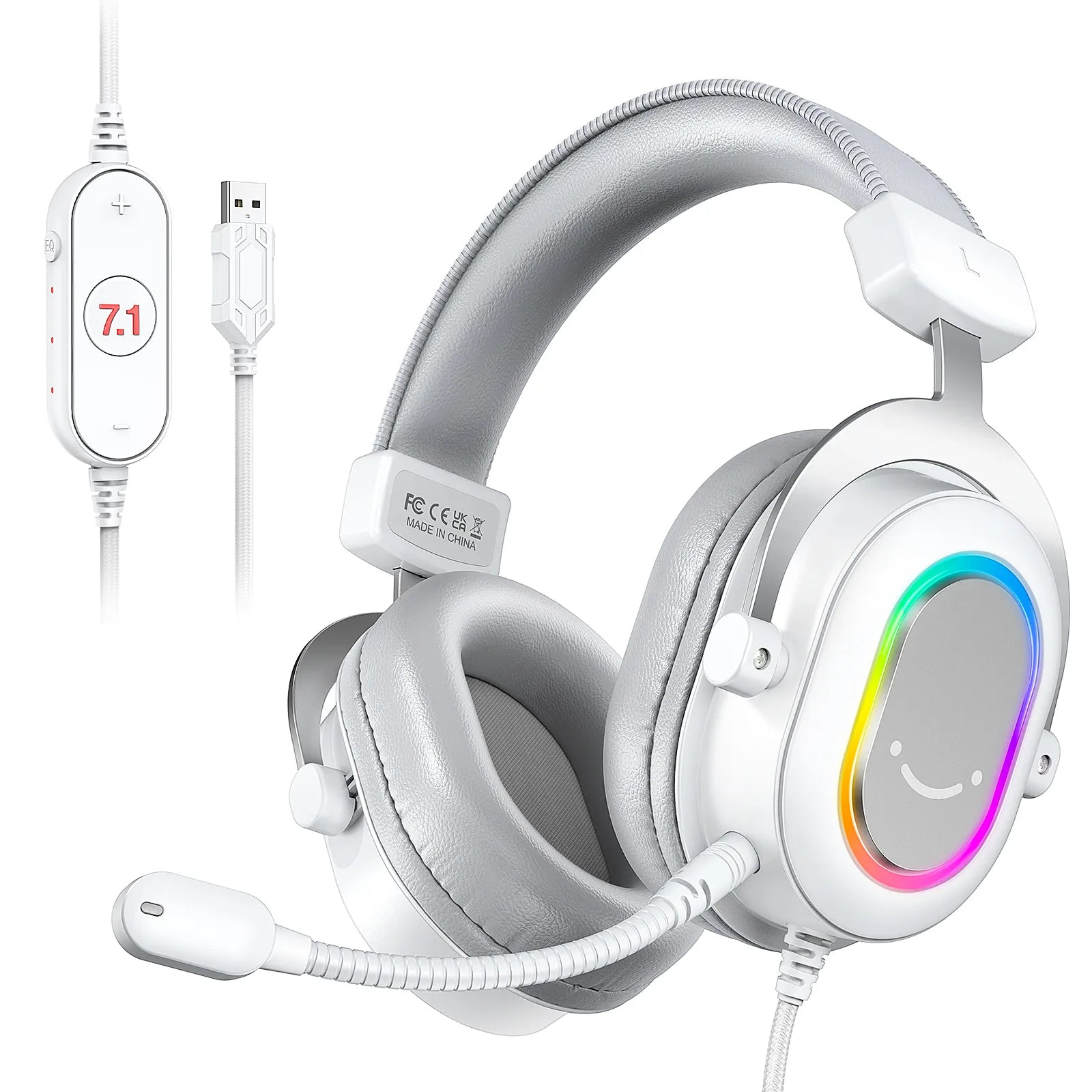 Storazone WHITE FIFINE RGB Gaming Headset with 7.1 Surround Sound/3-EQ/MIC,Over-ear Headphone with In-line Control for PC PS4 PS5 Ampligame-H6W