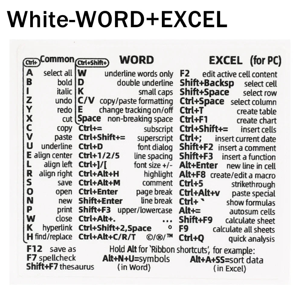 Storazone White For WORD EXCEL Reference Keyboard Shortcut Stickers Adhesive For PC Laptop Desktop Short Cut Sticker for Apple Mac Chromebook Window Photoshop