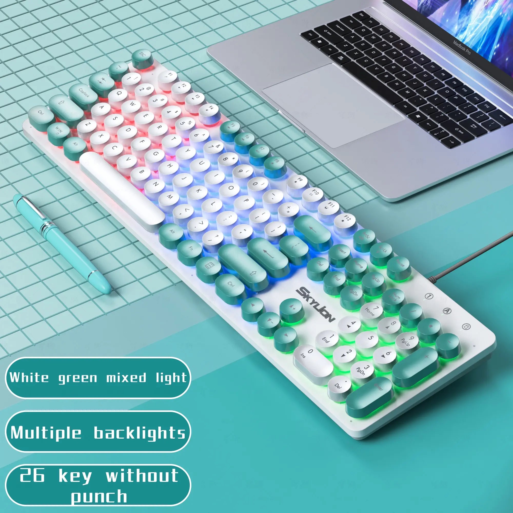 Storazone white-green SKYLION H300 Wired 104 Keys Membrane Keyboard Many Kinds of Colorful Lighting Gaming and Office For Windows and IOS System