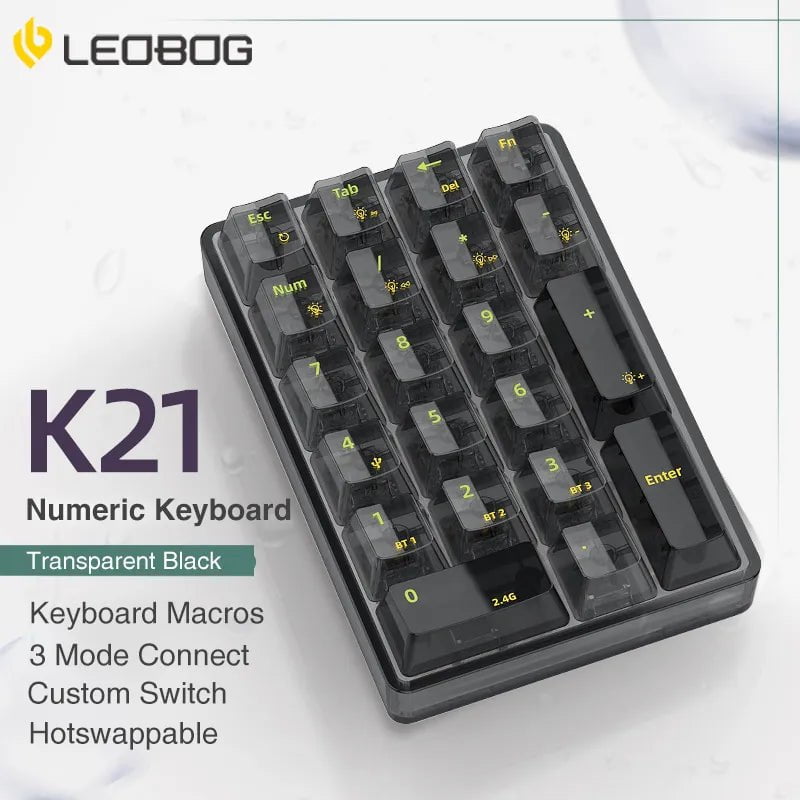 Storazone White Light-Black / Ice Crystal Axis / CN LEOBOG K21 Bluetooth Number Pad Mechanical Numeric Keypad 21 Key Transparent Photoshop Accounting Numpad Gaming Keyboard