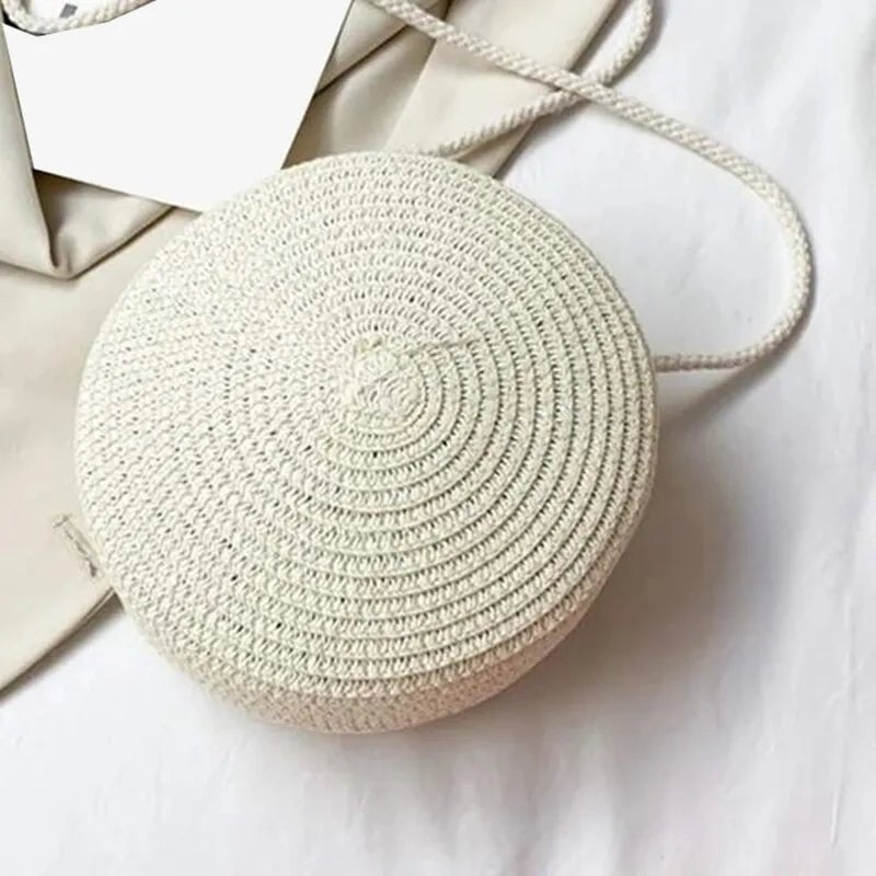 Storazone white Minimalist Straw Bag Round Crossbody Purse Women Shoulder Vocation Style Handbag