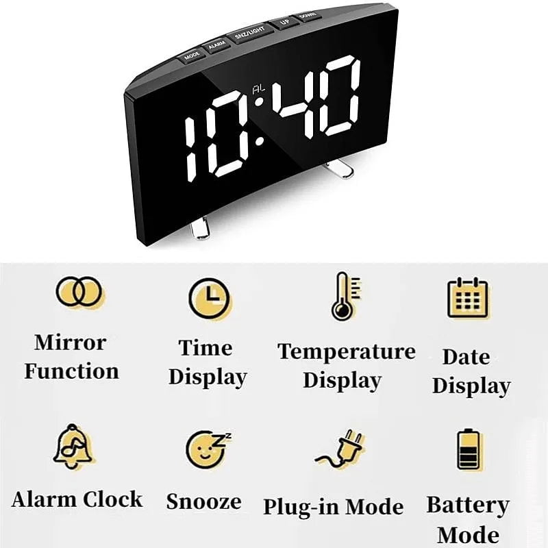 Storazone White Only Time Curved Screen Digital Alarm Clock Temperature Date 2 Levels Brightness Adjustment Snooze Table Clock 12/24H Night Mode LED Clock