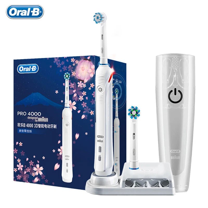 Storazone White Oral B Electric Toothbrush Pro 4000 3D Action Daily Clean Teeth Visible Pressure Sensor 4 Modes Gum Cares Waterproof Rechargeabl