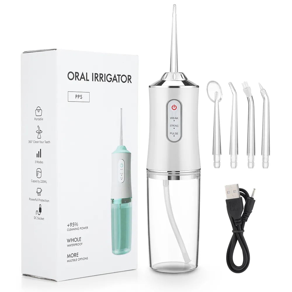 Storazone White Oral Irrigator Portable Dental Water Flosser USB Rechargeable Water Jet Floss Tooth Pick 4 Jet Tip 220ml 3 Modes IPX7 1400rpm