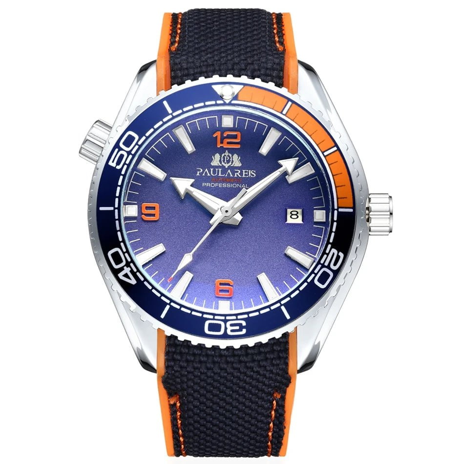 Storazone White Orange Blue Men Automatic Self Wind Mechanical Canvas Rubber Strap Orange Blue Red Luxury Watch