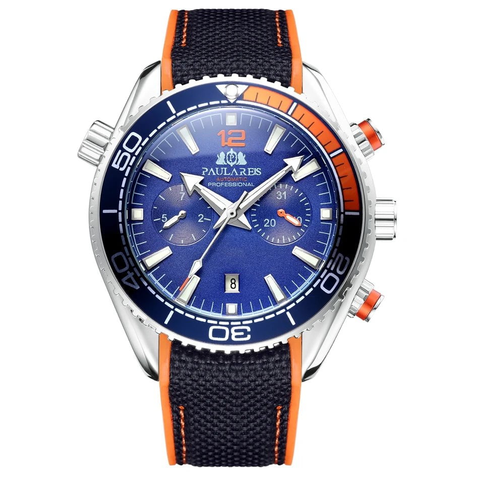 Storazone White Orange Blue Men Automatic Self Wind Mechanical Canvas Rubber Strap Orange Blue Red Multifunction Date Month Watch