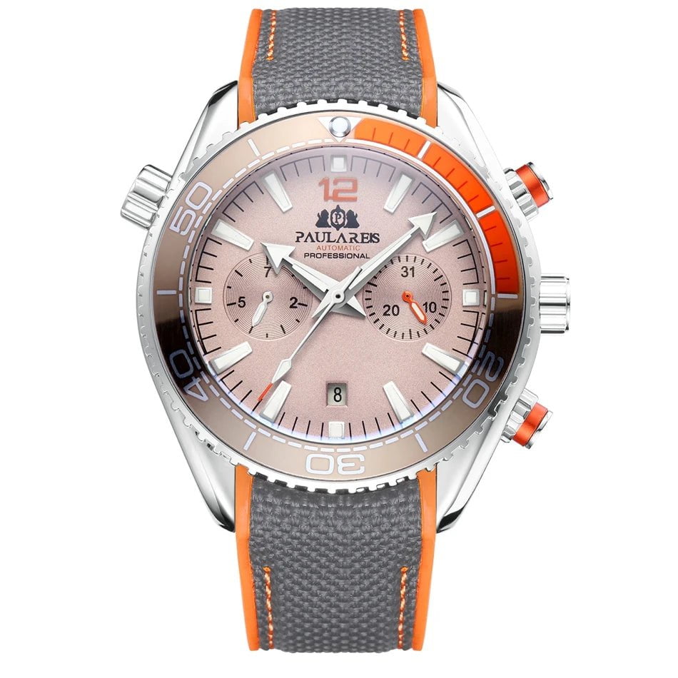 Storazone White Orange Grey Men Automatic Self Wind Mechanical Canvas Rubber Strap Orange Blue Red Multifunction Date Month Watch
