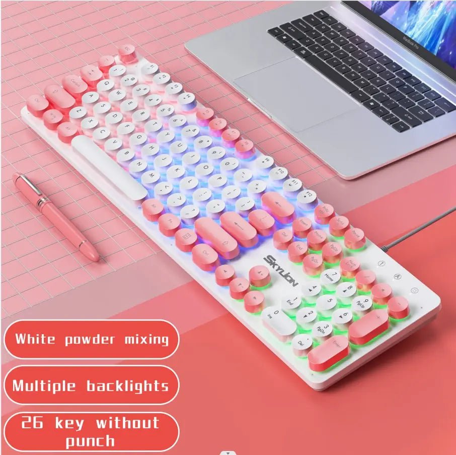 Storazone white-pink SKYLION H300 Wired 104 Keys Membrane Keyboard Many Kinds of Colorful Lighting Gaming and Office For Windows and IOS System