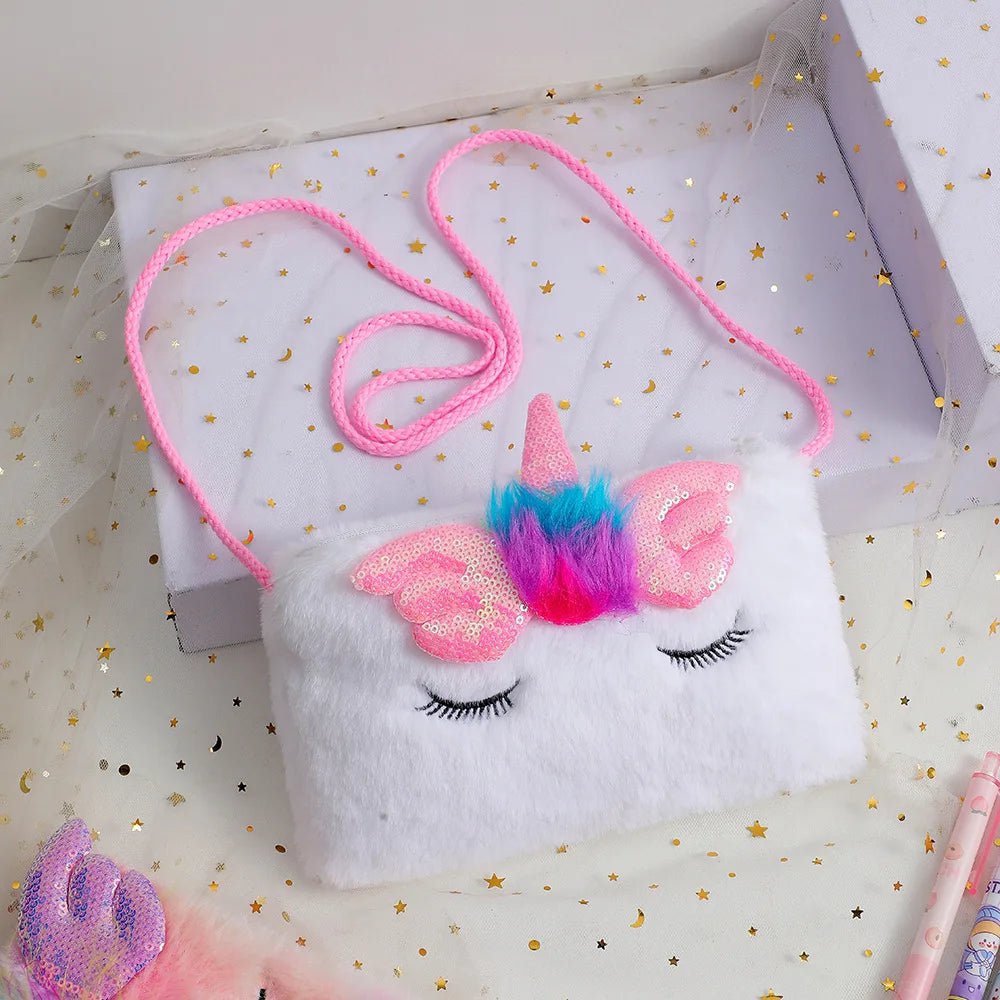 Storazone white Plush Unicorn Square Squint Shoulder Bag Cartoon Children's Plush Crossbody Bag Kindergarten Girls' Zero Wallet
