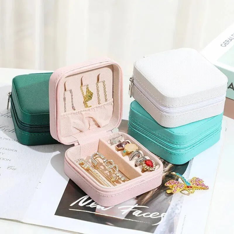 Storazone White Portable Zipper Jewelry Box Necklace Ring Storage Beads Korean Style Stripe Pattern Hard Jewelry Box Jewlery Box