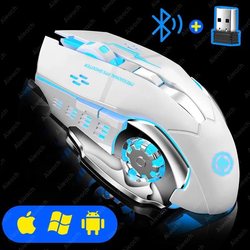 Storazone White Rechargeable Wireless Mouse Gaming Computer Silent Bluetooth Mouse USB Mechanical E-Sports Backlight PC Gamer Mouse For Computer