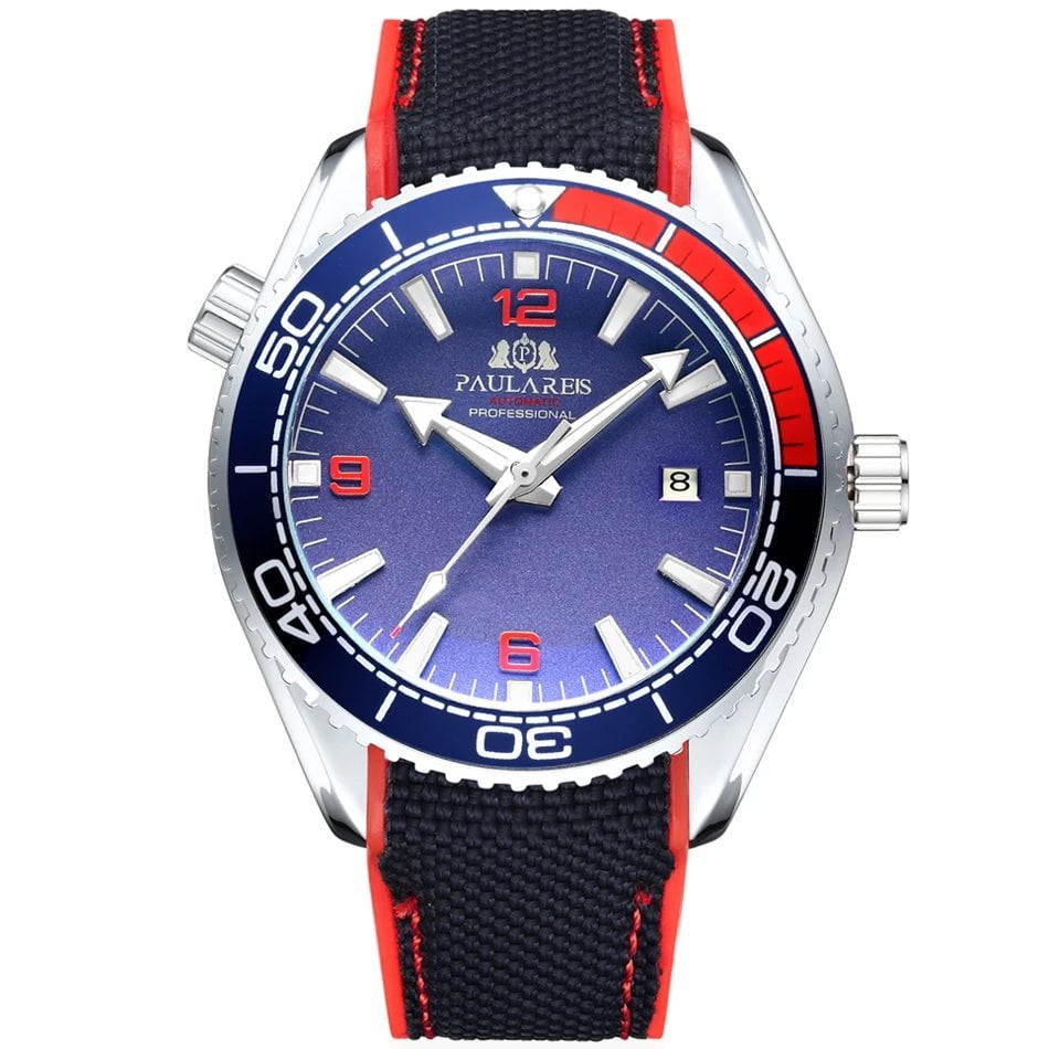 Storazone White Red Blue Men Automatic Self Wind Mechanical Canvas Rubber Strap Orange Blue Red Luxury Watch