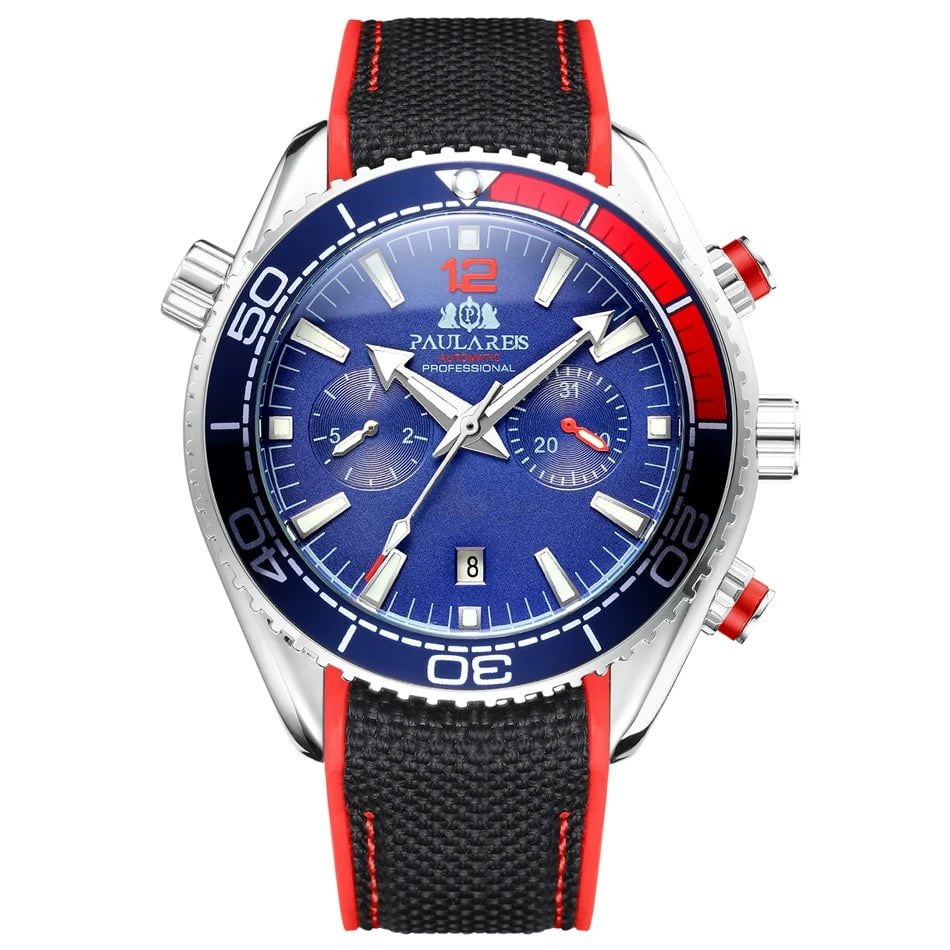 Storazone White Red Blue Men Automatic Self Wind Mechanical Canvas Rubber Strap Orange Blue Red Multifunction Date Month Watch