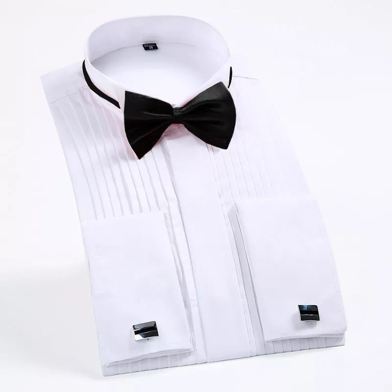 Storazone White / S Classic Winged Collar Dress Shirt Men's Wingtip Tuxedo Formal Shirts with Red Black Bow Tie Party Dinner Wedding Bridegroom Tops