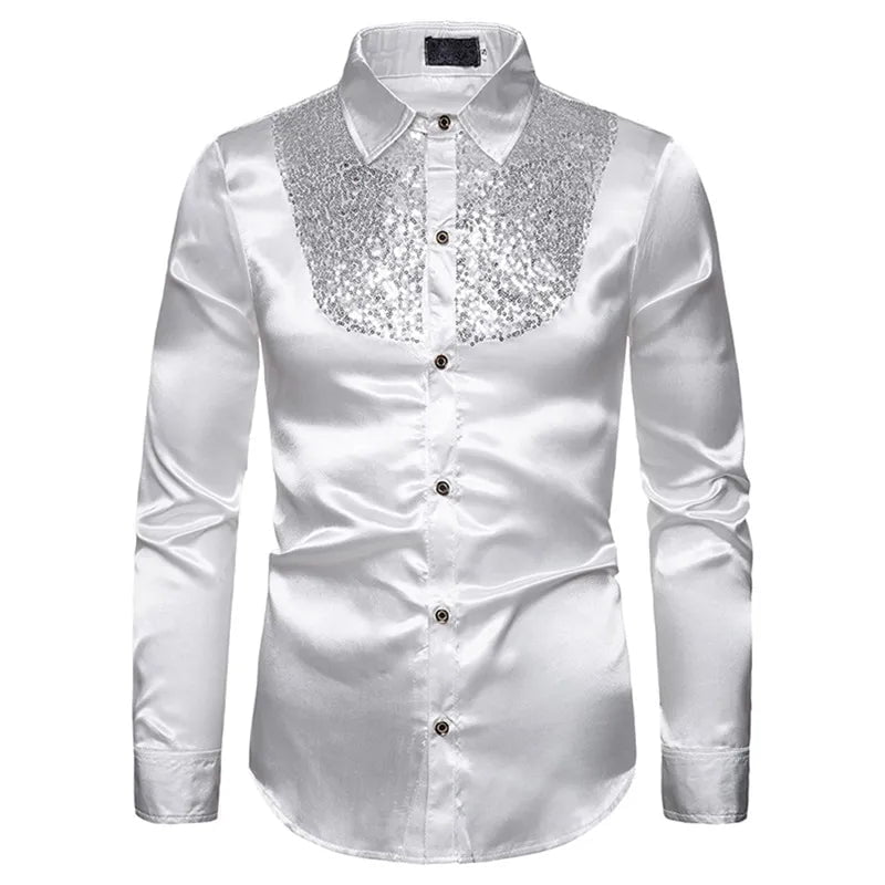 Storazone WHITE / S / Pack of 1 2022 New Men's Shirt Sequined Performance Nightclub Men's Host MC Men's Lapel Long Sleeve Solid Color Shirt Mens Dress Shirts