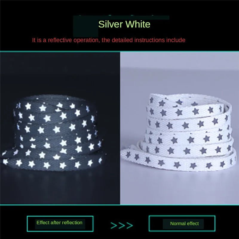 Storazone White-silver New Holographic Reflective Star Shoelaces Double-sided Reflective High-bright Luminous Flat Laces Sneakers ShoeLaces Strings