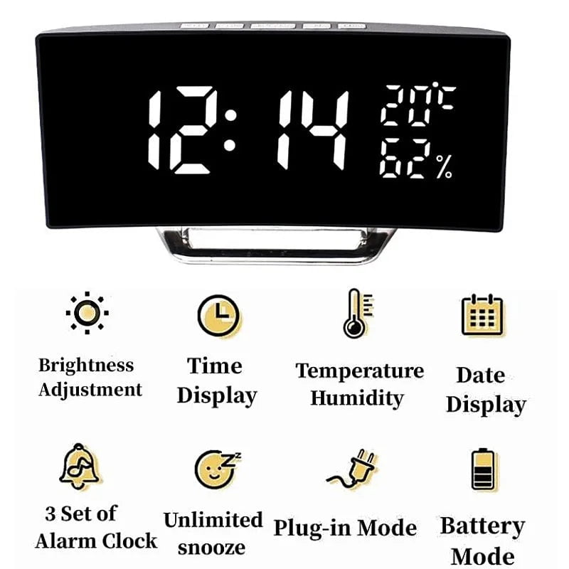 Storazone White Temp Humidity Curved Screen Digital Alarm Clock Temperature Date 2 Levels Brightness Adjustment Snooze Table Clock 12/24H Night Mode LED Clock