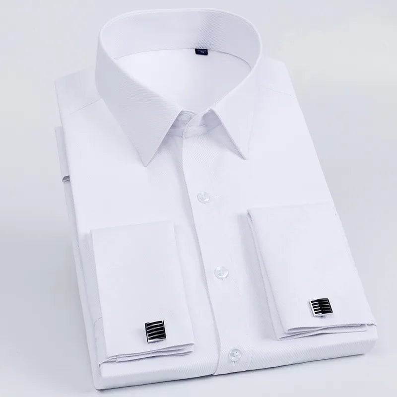 Storazone White Twill / 38 Men's French Cuff Dress Shirt Long Sleeve Slim Fit Tuxedo Shirts  with Cufflinks Poly/Cotton Double Button Collar