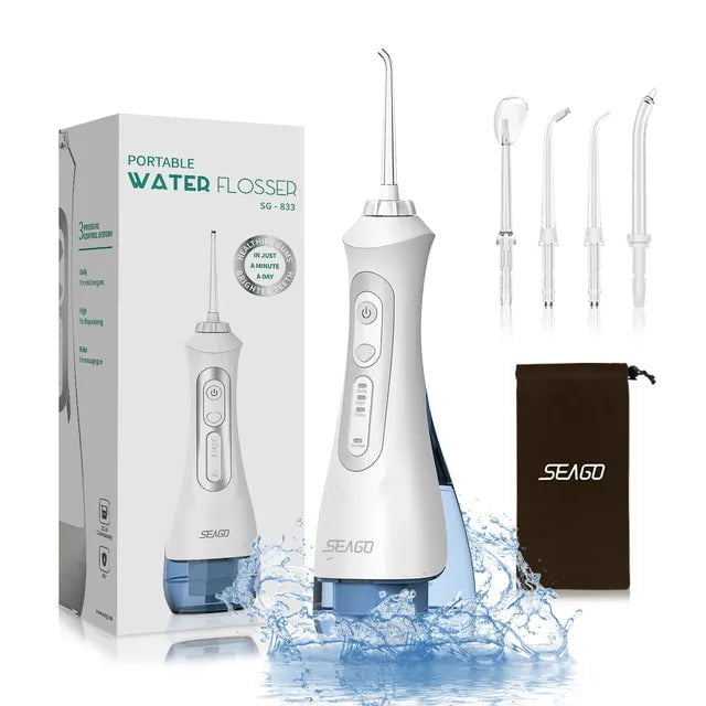 Storazone White / United Arab Emirates SEAGO New Oral Dental Irrigator Portable Water Flosser USB Rechargeable 3 Modes IPX7 200ML Water for Cleaning Teeth SG833