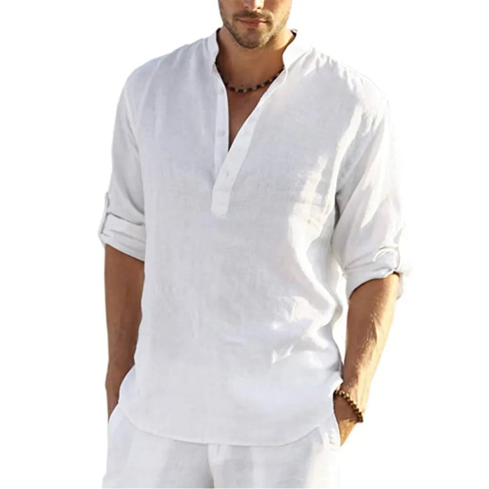 Storazone WHITE / US XXL 90-100 KG 2022 New Men's Casual Blouse Cotton Linen Shirt Loose Tops Long Sleeve Tee Shirt Spring Autumn Casual Handsome Men's Shirts