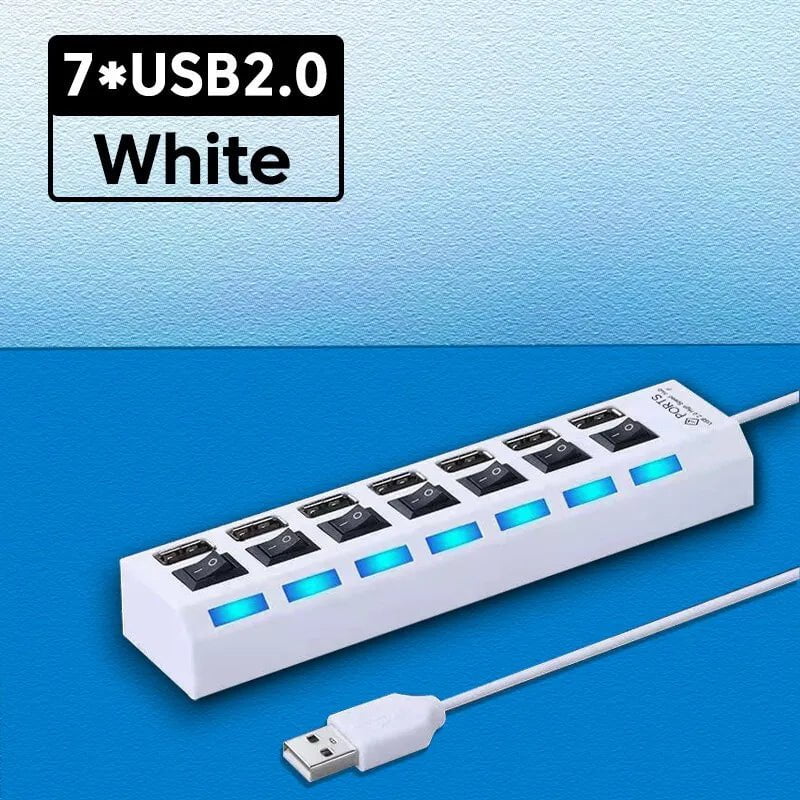 Storazone white USB 2.0 Hub Multi USB Splitter Ports Hub Use Power Adapter4/ 7 Port Multiple Expander Hub with Switch 30CM Cable For Home