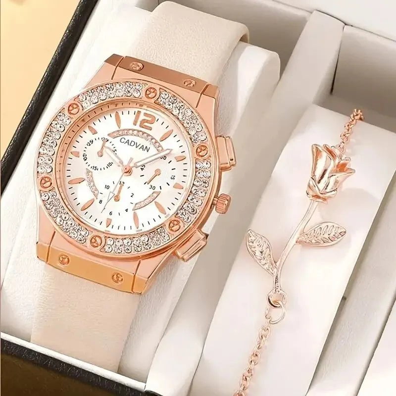 Storazone WHITE Watches Set Luxury Rhinestone Women Fashion Elegant Wristwatch Quartz Watch For Girl Ladies Clock Relogio Feminino