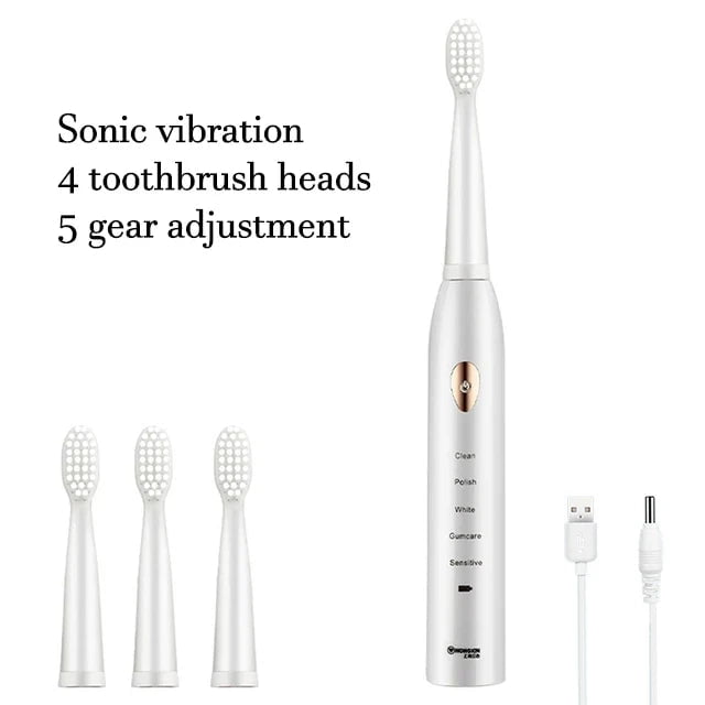 Storazone White with 4 Brush / CHINA Ultrasonic Sonic Electric Toothbrush For Adult Rechargeable Tooth Brushes Washable Electronic Whitening Teeth Brush Timer Brush