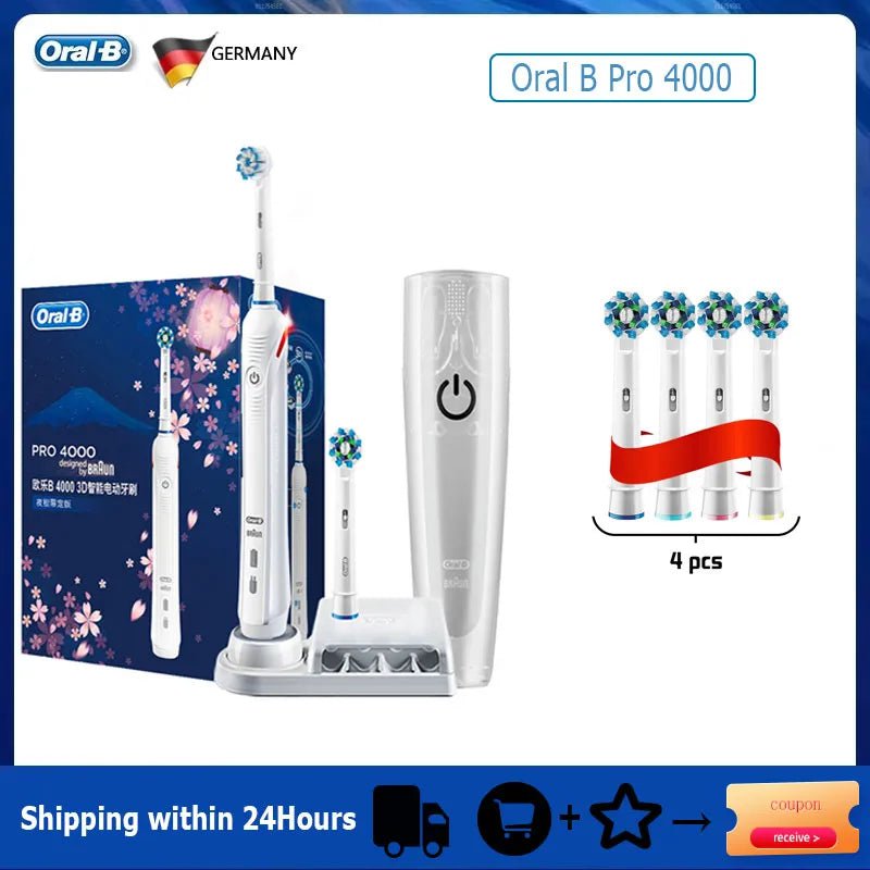 Storazone White with 4H 1 Oral B Electric Toothbrush Pro 4000 3D Action Daily Clean Teeth Visible Pressure Sensor 4 Modes Gum Cares Waterproof Rechargeabl