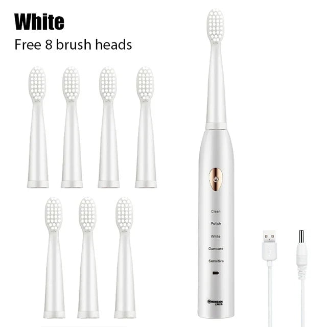 Storazone White with 8 Brush / CHINA Ultrasonic Sonic Electric Toothbrush For Adult Rechargeable Tooth Brushes Washable Electronic Whitening Teeth Brush Timer Brush