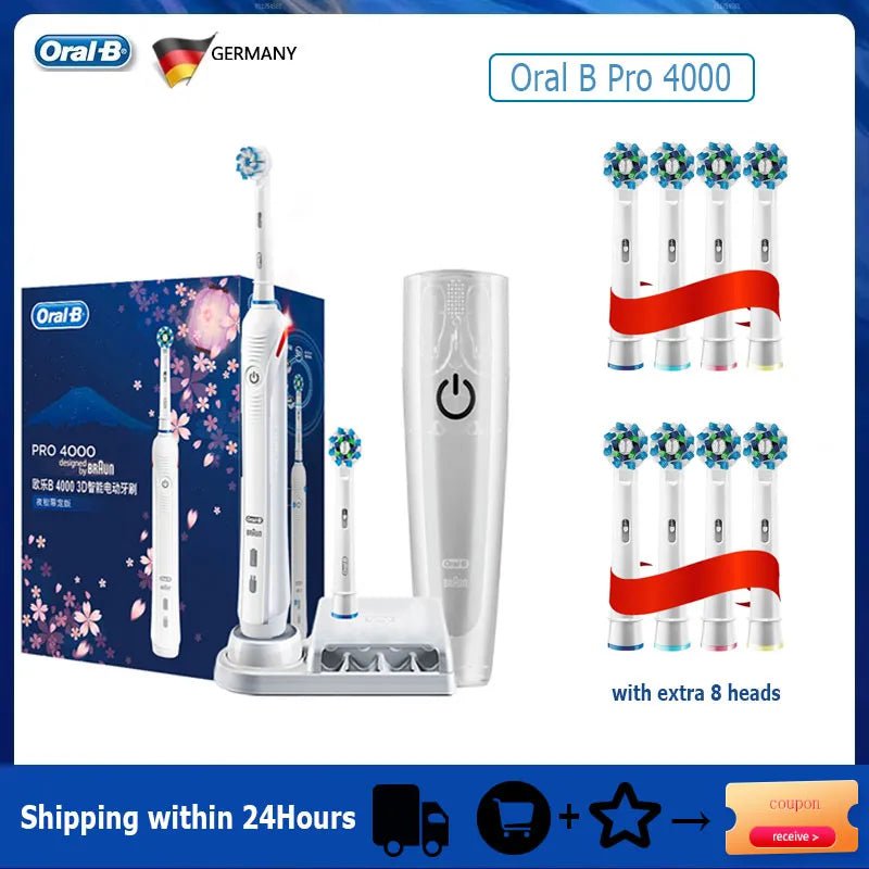 Storazone White with 8H Oral B Electric Toothbrush Pro 4000 3D Action Daily Clean Teeth Visible Pressure Sensor 4 Modes Gum Cares Waterproof Rechargeabl