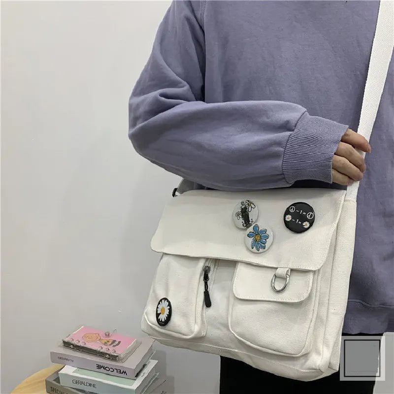 Storazone White with Badge / 33x26x9cm Canvas Crossbody Bags Youth Fashion Casual Large Capacity Ladies Shoulder Bag Solid Color Women Messenger Bag