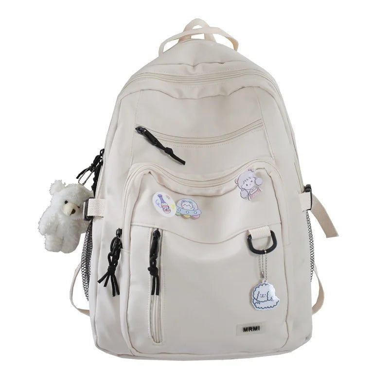 Storazone White With bear doll Fashion Big Student Backpack NEW Badge Rucksack Girls School Bag High Capacity Women Backpack Female Cute Leisure Travel Mochila