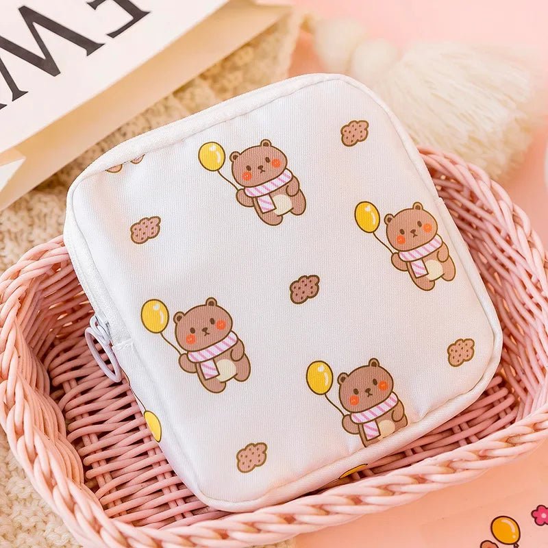 Storazone white Women Girls Kawaii Cosmetic Makeup Tampon Bear Napkin Pouch Storage Bag Coin Purse Sanitary Pads Bag Mini Data Cables Organizer