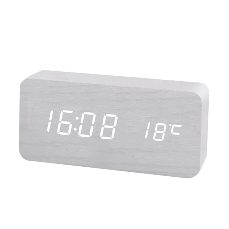 Storazone WHITE Wooden Digital Alarm Clock, LED Alarm Clock with Temperature Desk Clocks for Office,Bedside Clock