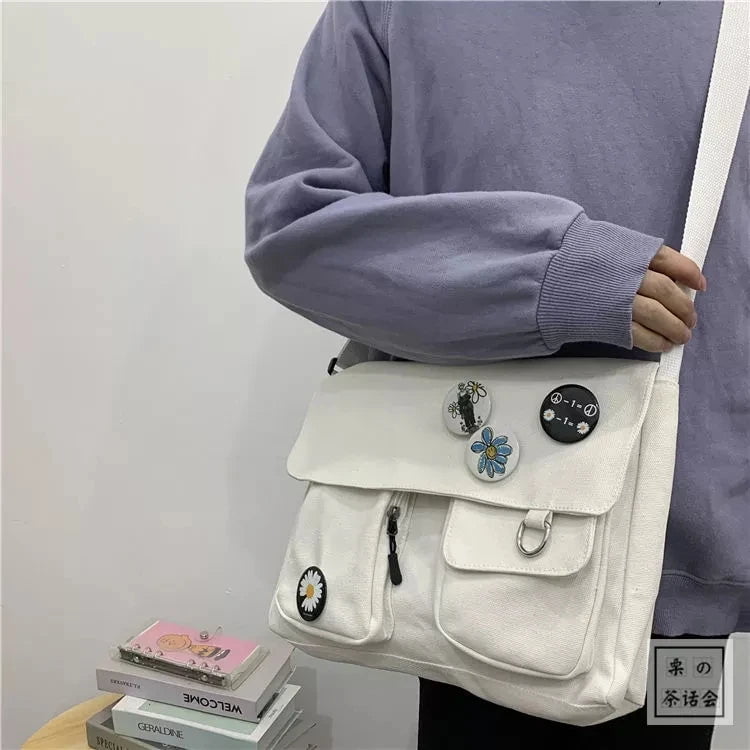 Storazone White Xierya Women Canvas Messenger Bag Youth Ladies Fashion Shoulder Bag Student Large Capacity Female Crossbody Bags Woman Packet