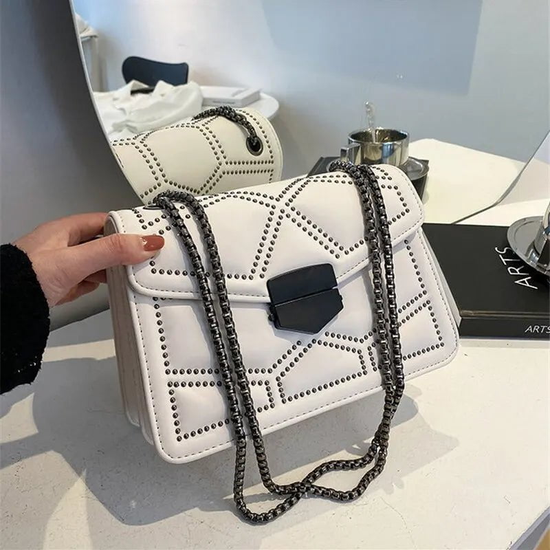Storazone white Yogodlns Vintage Rivet Chain Small Shoulder Bags For Women Flap PU Leather Fashion Small Square Crossbody Bag Designer Handbag