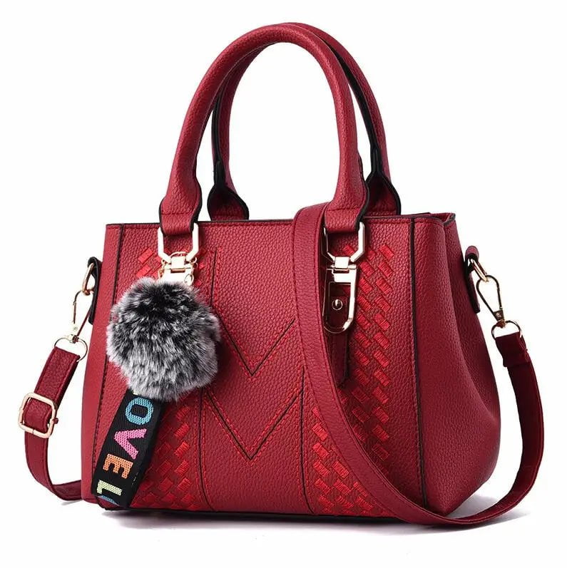 Storazone wine red / 23X14X19cm Embroidery Messenger Bags Women Leather Handbags Bags for Women Sac a Main Ladies hair ball Hand Bag