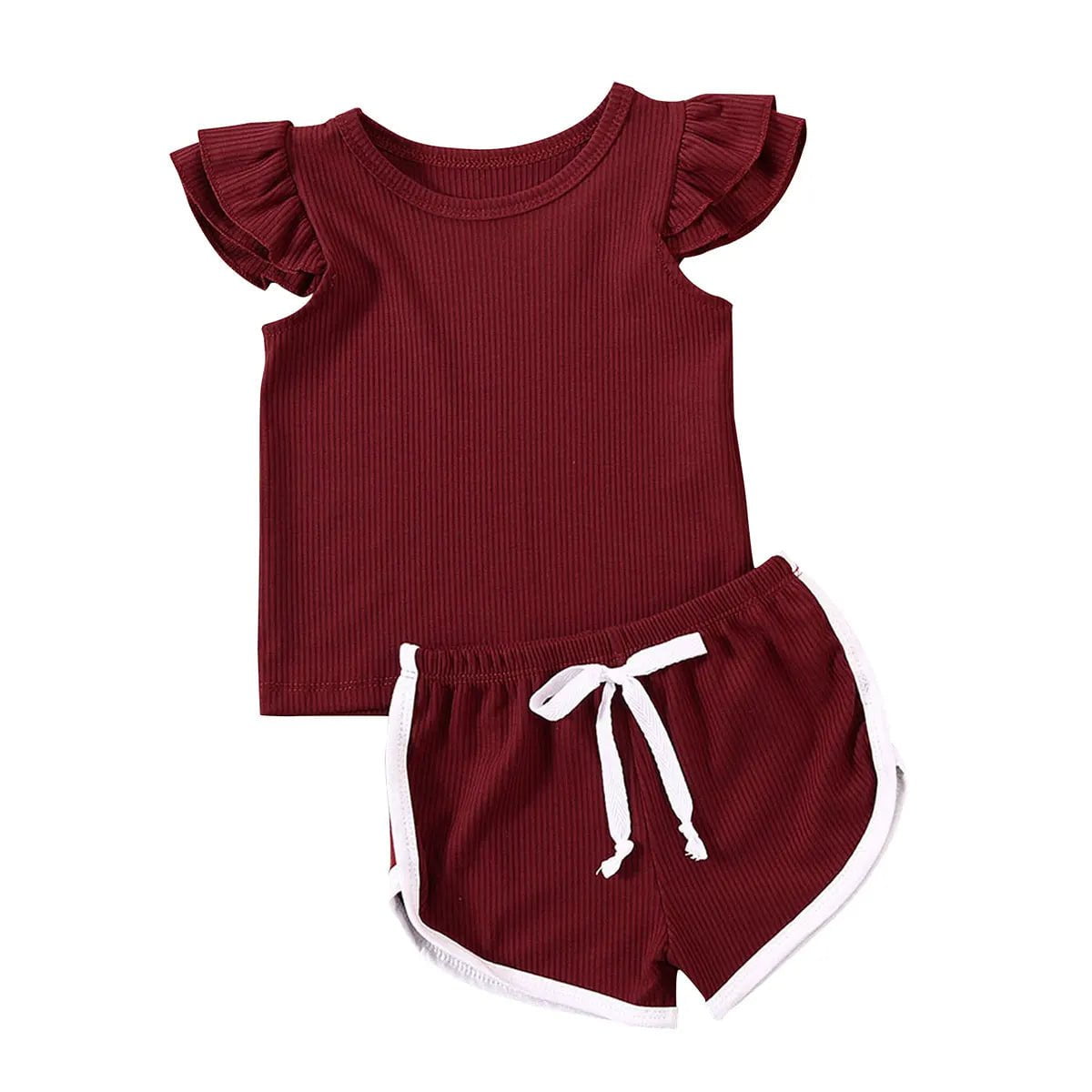 Storazone wine red / 3T 2020 Summer Infant Baby Girls Boys Clothes Sets Ruffles Short Sleeve Pullover T Shirts Shorts Solid Outfits