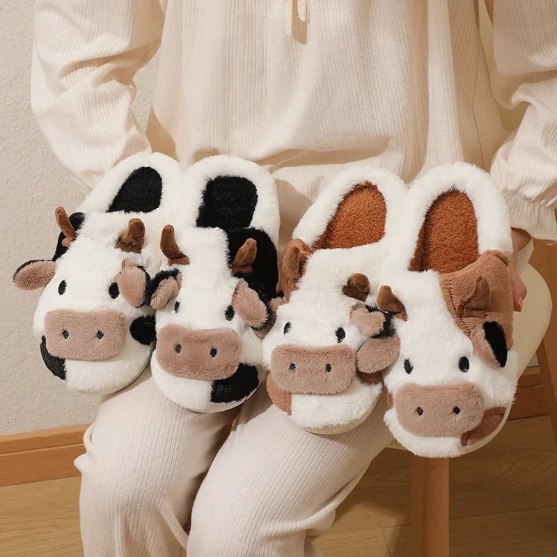 Storazone Winter Unisex Cute Cartoon Cow Warm Plush Slippers Couple's Indoor Non-slip House Slides Men Women Toe Wrap Home Cotton Shoes