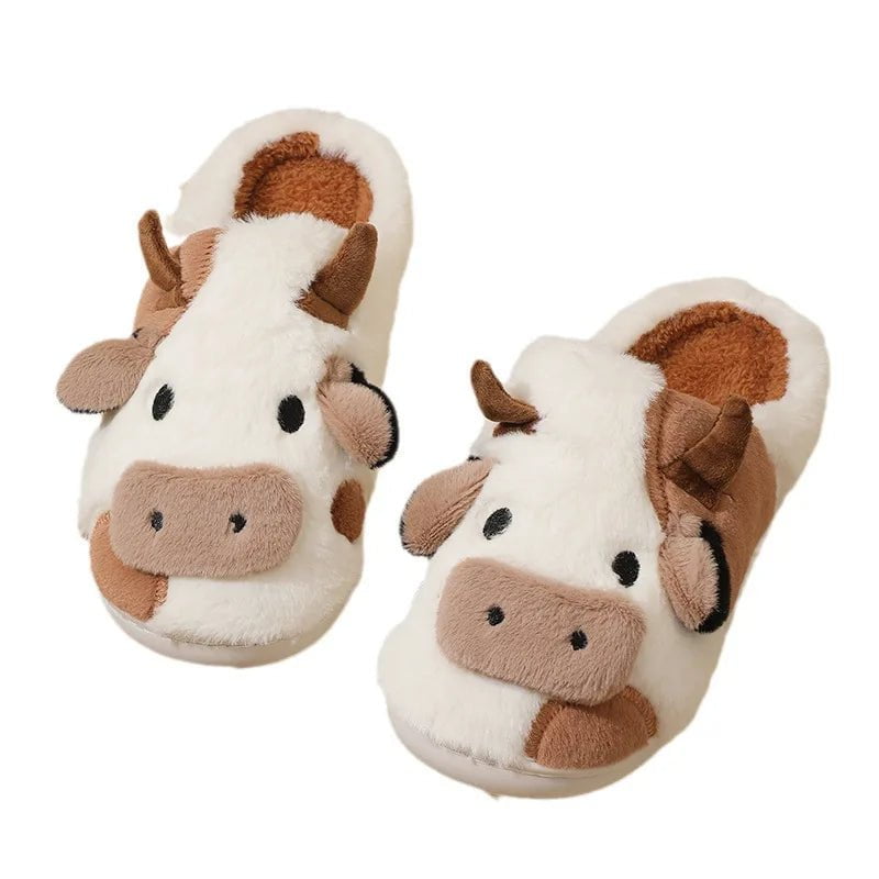 Storazone Winter Unisex Cute Cartoon Cow Warm Plush Slippers Couple's Indoor Non-slip House Slides Men Women Toe Wrap Home Cotton Shoes