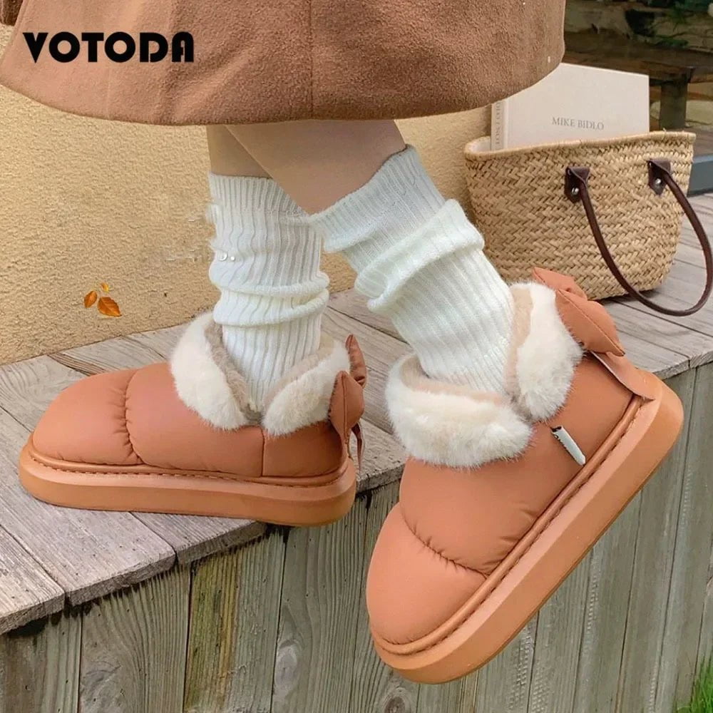 Storazone Winter Women Cute Warm Ankle Boots Outdoor Non-slip Thick Sole Snow Boots Furry Bow Cotton Shoes Men Pu Waterproof Plush Boots