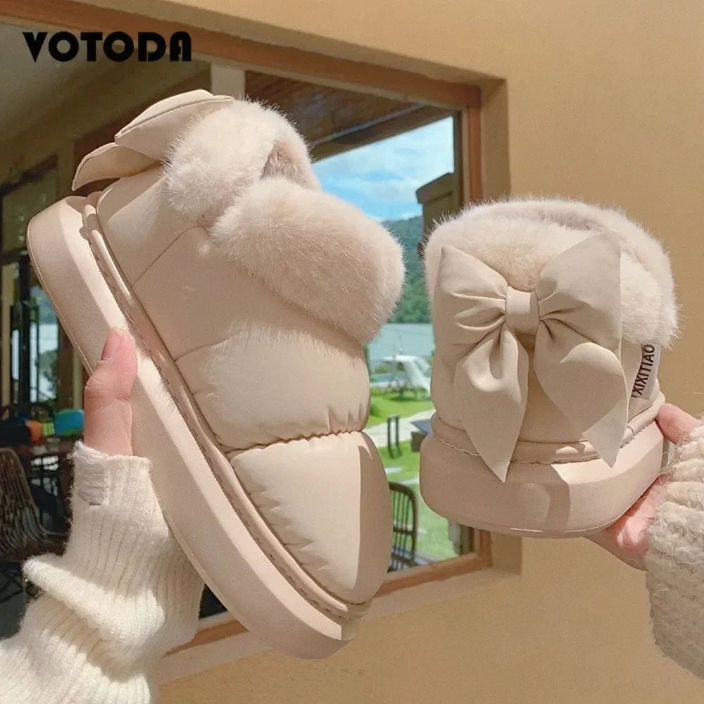 Storazone Winter Women Cute Warm Ankle Boots Outdoor Non-slip Thick Sole Snow Boots Furry Bow Cotton Shoes Men Pu Waterproof Plush Boots